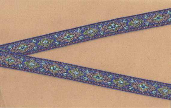 GEOMETRIC C-06-Q Jacquard Ribbon Polyester Trim 5/8" wide (16mm) Made in France, Blue w/Beige, Tan, Blue & Green, Burgundy Accents, Per Yard