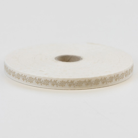 KAFKA A-18/03 Jacquard Ribbon Woven Organic Cotton Trim 7/16" wide (10mm) Ivory Background w/Beige Flowers, Leaves & Vines