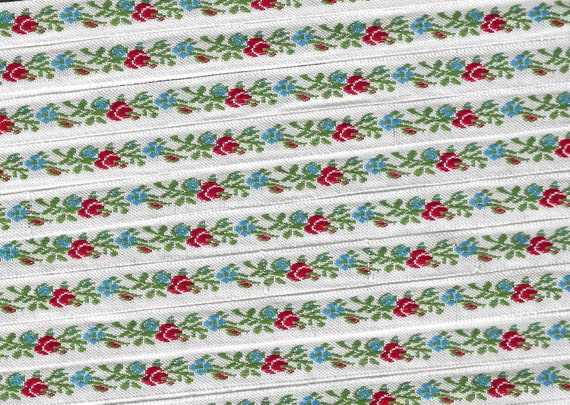 FLORAL A-08-H Jacquard Ribbon Poly Woven Trim 7/16" wide, White Background w/Petite Red & Turquoise Flowers, Green Leaves