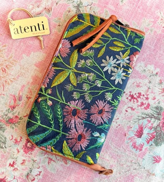 ATENTI Handmade Bags "MEADOW" Embroidered Tapestry Pattern, Organizer, Needles, Hooks & Tools Zippered Case, USA Made