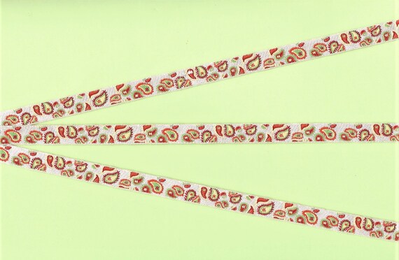 GEOMETRIC A-17-A Jacquard Ribbon Poly Trim, 3/8" Wide (9mm) Cream Background w/Pumpkin Orange, Red & Spring Green Paisley Design