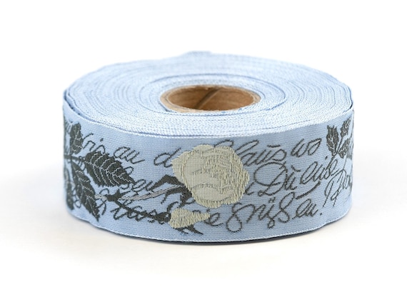 KAFKA F-08/18 Jacquard Ribbon Woven Organic Cotton Trim 1" wide (25mm) HEINE ROSE Blue w/Poem, Long Stem Lt Gray Roses & Dark Gray Leaves