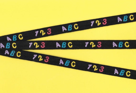 CHILDREN's B-01-A Jacquard Ribbon Cotton Trim, 1/2" Wide (13mm) Black Background ABC/1-2-3 Pattern in Lilac Turquoise Yellow Pink