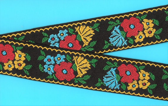 FLORAL J-28 Jacquard Ribbon Polyester 1-7/8" wide (48mm) Black Background w/Red, Yellow & Turquoise Flowers, Green Leaves