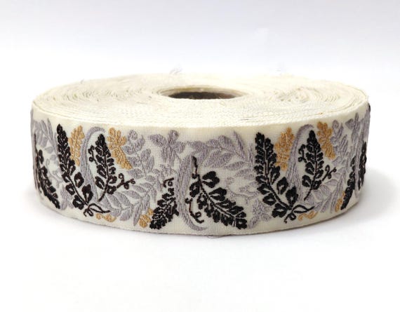 KAFKA F-21/05 Jacquard Ribbon Organic Cotton Trim 1" wide (25mm) Ivory w/Brown & Gray Wildflowers