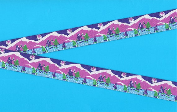 NATIVE AMERICAN E-17-A Jacquard Ribbon Poly Trim, 7/8" Wide (22mm) "Arctic Celebration" Purple/Pink/Teal Fan Dancers Drummers, Per Yard