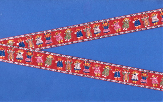 CHILDREN's E-25-A Jacquard Ribbon Polyester Trim 7/8" wide (22mm) Red w/Dolls from Around the World, Little Girls Jumping/Dancing