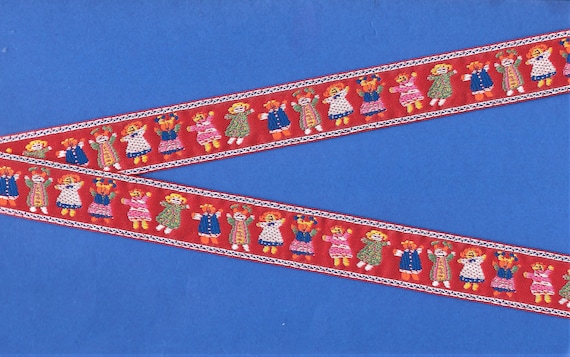 CHILDREN's E-25-A Jacquard Ribbon Polyester Trim 7/8" wide (22mm) Red w/Dolls from Around the World, Little Girls Jumping/Dancing