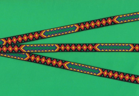 NATIVE AMERICAN  A-03-A Jacquard Ribbon Poly Trim 7/16" wide (12mm) Black Background w/Red, Yellow, Green & Purple Diamond Design