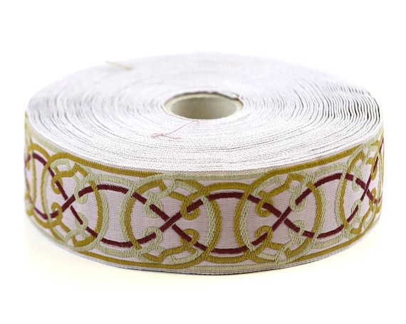 KAFKA G-11/12 Jacquard Ribbon Woven Organic Cotton Trim 1-1/4" wide (32mm) Pale Lilac w/Beige, Plum & Taupe Celtic Circles