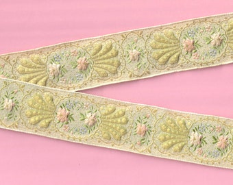 FLORAL J-15-A Jacquard Ribbon Silk/Metallic/Rayon 1-3/4" wide (44mm) VINTAGE French Trapunto Beige w/Variegated Pink Flowers, Olive Leaves