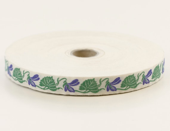 KAFKA C-01/02 Jacquard Ribbon Woven Organic Cotton Trim 5/8" wide (16mm) Ivory Background w/Purple "Violets", Green Leaves, Per Yard