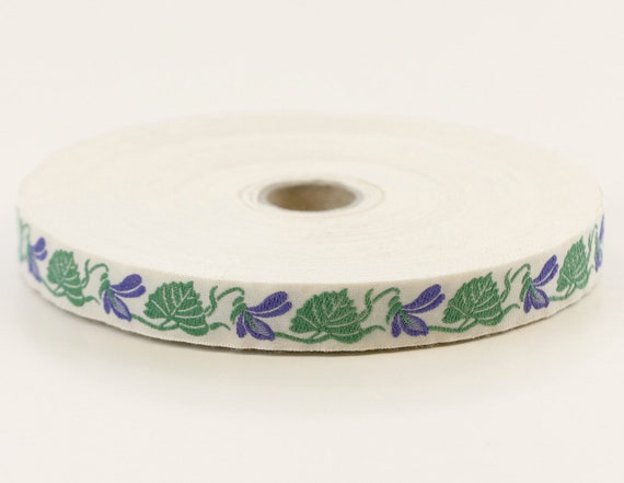 KAFKA C-01/02 Jacquard Ribbon Woven Organic Cotton Trim 5/8" wide (16mm) Ivory Background w/Purple "Violets", Green Leaves, Per Yard