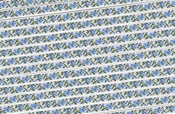 FLORAL A-05-J Jacquard Ribbon Polyester Trim 1/4" Wide (6mm) White Background w/Petite Blue Flowers, Dark Green Leaves