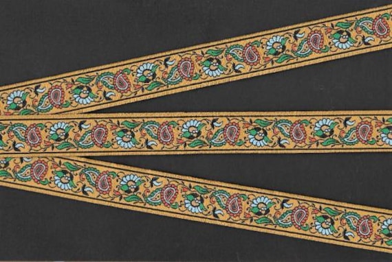 FLORAL E-08-B Jacquard Ribbon Poly Trim 7/8" wide (22mm) Mustard Gold Background w/Floral Paisley Design in Blue. Green. Orange & Black