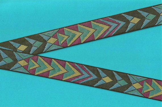 NATIVE AMERICAN F-24-A Jacquard Ribbon Poly Trim 1" wide (25mm) Black w/Teal, Blue, Yellow, Green & Burgundy Tribal Arrow Design