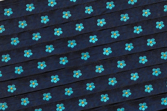 KAFKA A-03/08 Jacquard Ribbon Woven Organic Cotton Trim 7/16" wide (10mm) Navy w/Turquoise & Golden Yellow Forget-Me-Not Flowers