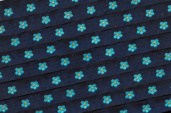 KAFKA A-03/08 Jacquard Ribbon Woven Organic Cotton Trim 7/16" wide (10mm) Navy w/Turquoise & Golden Yellow Forget-Me-Nots, Per Yard