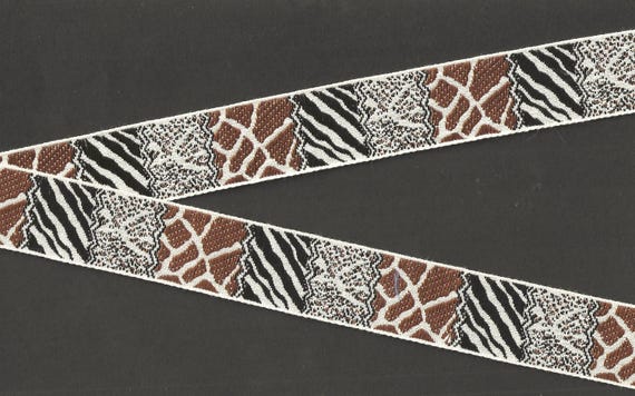 ANIMALS/Prints G-07-A Jacquard Ribbon Cotton Trim 1-1/8" wide (28mm) VINTAGE, Block Design of Animal Prints in Ivory, Brown & Black