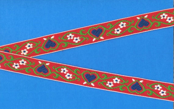 HEARTS/FLOWERS E-10-K Jacquard Ribbon Cotton Trim 15/16" wide (24mm) Nordic, Red Background, Blue Hearts/White Flowers, Green Scrolls