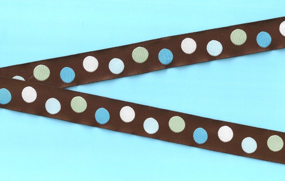 POLKA DOTS E-22-B Jacquard Ribbon Poly Trim 7/8" wide (22mm) Brown Background w/White, Mint Green, Pale Blue & Turquoise Dots