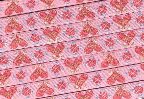 HEARTS/FLOWERS C-04-A Jacquard Ribbon Poly Trim 5/8" Wide (16mm) From Germany, Rosy-Peach Background w/Red Hearts, Mini Blue Flowers