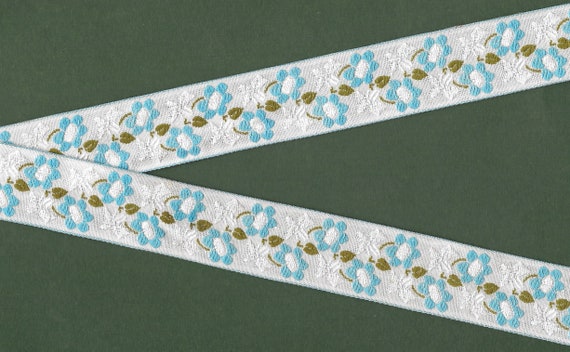 FLORAL F-42-A Jacquard Ribbon Poly/Rayon Trim 1" wide (25mm) White Background, Blue Flowers, White Accents, Olive Green Leaves