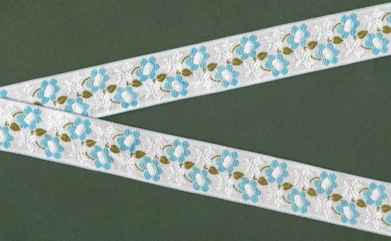 FLORAL F-42-A Jacquard Ribbon Trim, Poly/Rayon, 1" Wide, White Background, Blue Flowers, White Accents, Olive Green Leaves, Priced Per Yard