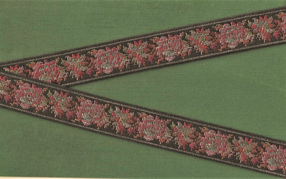 FLORAL TAPESTRY F-21-O Jacquard Ribbon Cotton Trim 1-1/8" wide (28mm) "Petit Point" Design in Black, Brown, Pink, Red, Olive Green