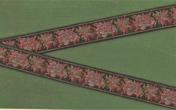 FLORAL TAPESTRY F-21-O Jacquard Ribbon Cotton Trim 1-1/8" wide (28mm) "Petit Point" Design in Black, Brown, Pink, Red, Olive Green