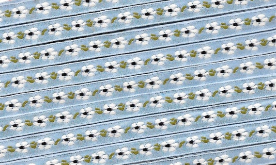 FLORAL A-22-A Jacquard Ribbon Poly Trim 3/8" wide (9mm) Sky Blue Background w/Petite White Daisies, Navy Accents, Green Leaves