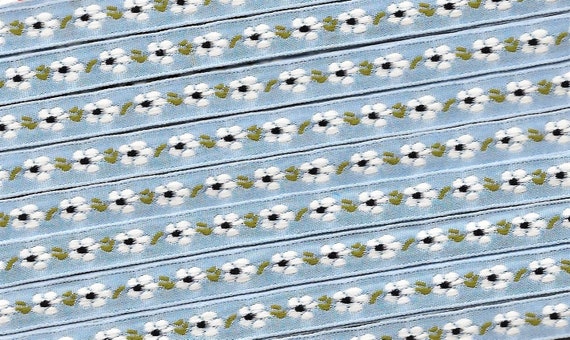 FLORAL A-22-A Jacquard Ribbon Poly Trim 3/8" wide (9mm) Made in France, Blue Background w/Petite White Daisies, Navy Accents, Green Leaves