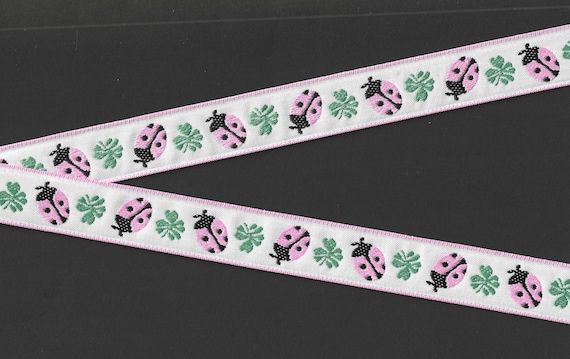 INSECTS E-01-D Jacquard Ribbon Polyester Trim 7/8" Wide (22mm) White w/Sweet Pink & Black Ladybugs and Large Sage Green Leaves