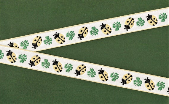 INSECTS E-01-B Jacquard Ribbon Poly Trim 7/8" wide (22mm) White w/Pale Yellow & Black Ladybugs