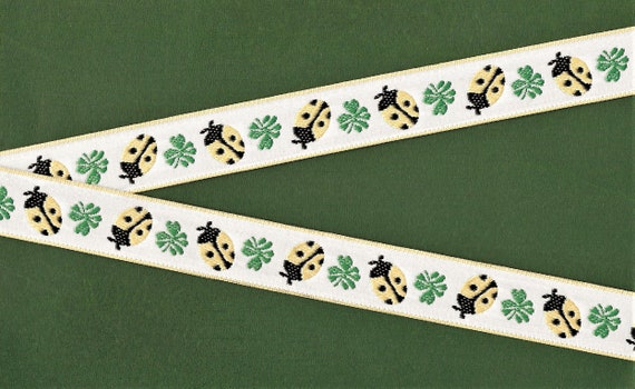 INSECTS E-01-B Jacquard Ribbon Polyester Trim 7/8" Wide (22mm) White w/Soft Yellow & Black Ladybugs and Large Sage Green Leaves