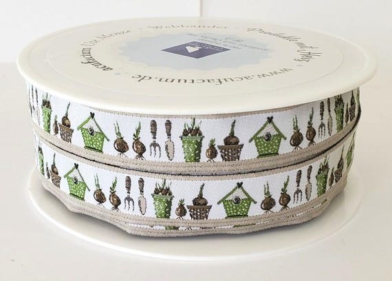 KERSTIN HESS Floral Jacquard Ribbon Woven Trim 5/8" wide (16mm) From Germany "Garden Time"  Birdhouses, Gardening Tools & Bulbs