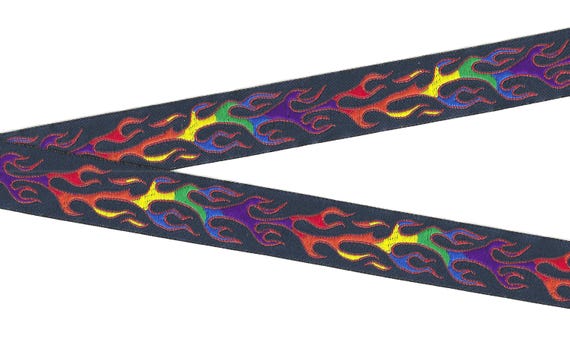 NOVELTY/Flames F-01-G Jacquard Ribbon Polyester Trim 1" wide (25mm) Dark Navy Background w/Yellow, Orange, Red, Purple, Blue & Green Flames