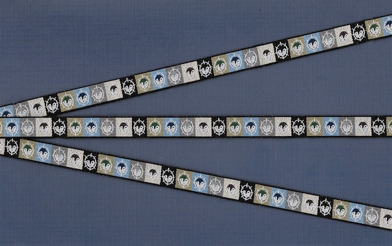 NATIVE AMERICAN B-16-A Jacquard Ribbon Poly Trim 1/2" wide (13mm) "Winter Spirit Mask" Tribal Masks in Black, Blue, Gray, Beige, Olive Green