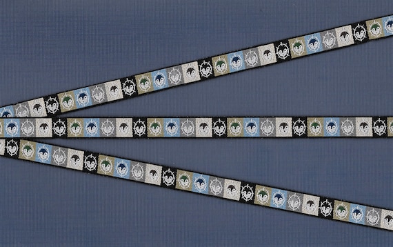 NATIVE AMERICAN RDS B-16-A Jacquard Ribbon Poly Trim 1/2" wide (13mm) Tribal "Winter Spirit Mask" in Black, Blue, Gray, Beige, Olive Green
