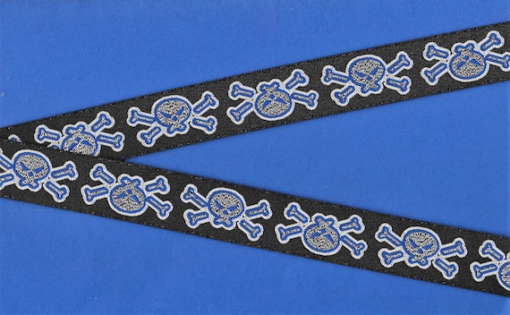 NOVELTY/Skulls F-05-A Jacquard Ribbon Poly Trim 1" wide (25mm) Black w/Blue & Silver Skulls