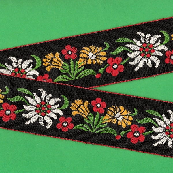 FLORAL H-14-A Jacquard Ribbon Cotton Trim 1-5/8" wide (41mm) Black Background, Red Borders Red/White/Yellow Flowers, Green Leaves, Per Yard