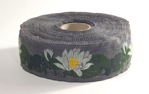 KAFKA F-04/06 Jacquard Ribbon Woven Organic Cotton Trim 1" wide (25mm) Gray w/Lt Mint Green & Yellow Water Lilies, Olive Green Leaves