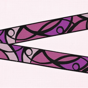 Cinta de jacquard GEOMETRIC F-09-A con ribete de poliéster, 1" de ancho (25 mm), fabricada en Francia, "vidriera" abstracta en rosa y violeta, líneas negras