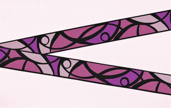 GEOMETRIC F-09-A Jacquard Ribbon Poly Trim, 1" Wide (25mm) Made in France, Abstract "Stained Glass" in Pink & Purple, Black Lines, Per Yard