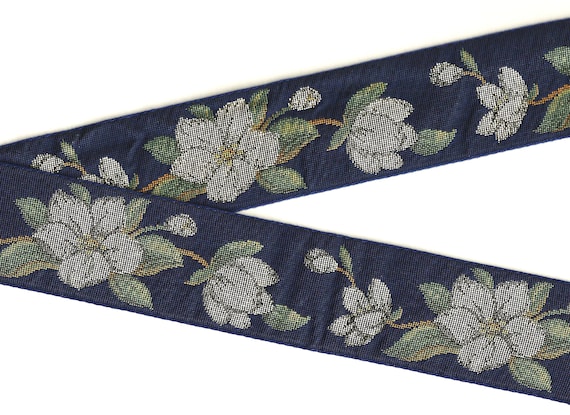 FLORAL TAPESTRY L-03-B Jacquard Ribbon Cotton Trim 2-1/8" Wide (54mm) VINTAGE, Navy Blue w/Gray Magnolias, Metallic Gold Accents & Greenery