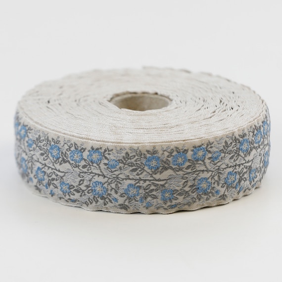 KAFKA F-02/09 Jacquard Ribbon Woven Organic Cotton Trim 1" wide (25mm) Beige Background w/Sky Blue Wild Roses, 2-Tone Gray Leaves