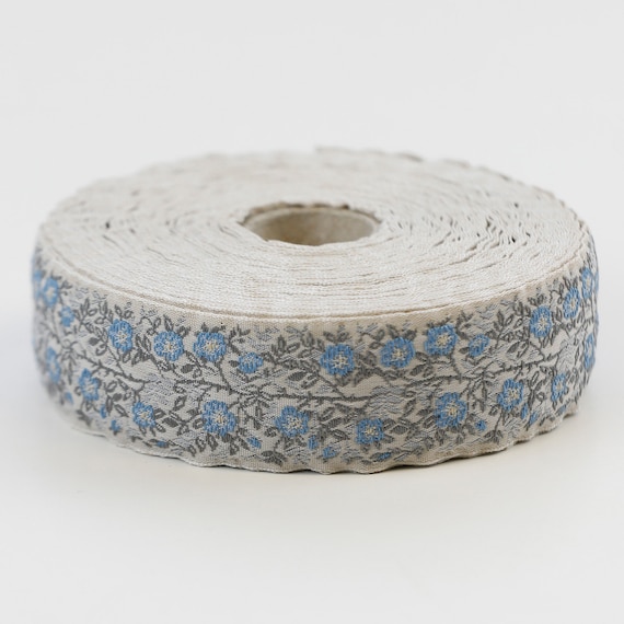 KAFKA F-02/09 Jacquard Ribbon Woven Organic Cotton Trim 1" wide (25mm) Beige Background w/Sky Blue & Yellow Wild Roses, 2-Tone Gray Leaves