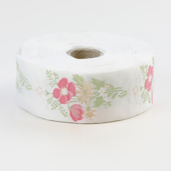 KAFKA G-06/02 Jacquard Ribbon Woven Organic Cotton/Poly Trim 1-3/8" wide (34mm) White w/White & Pink Floral "Bouquet" Green Leaves