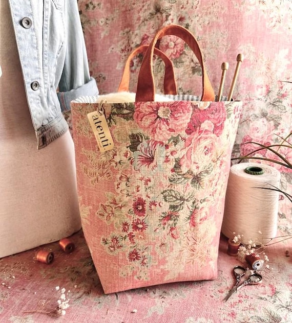 ATENTI Handmade Bags "ROSEWOOD" Warm Shades of Pink Floral, Hope Bucket Stand Alone Organizer, Needle Arts/Knitting Bag, USA Made