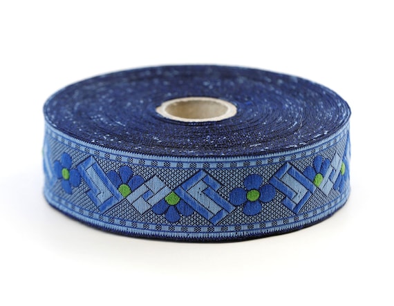 KAFKA F-11/06 Jacquard Ribbon Woven Organic Cotton Trim 1" wide (25mm) Royal Blue & Lt Blue ART DECO Flowers w/Lime Green Accents